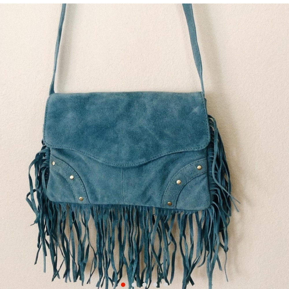 Fringe boho leather turquoise purse